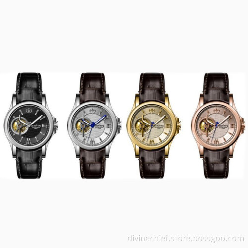 High Quality Genuine Leather Watch Band Automatic Skeleton Movement Men Wrist Watches